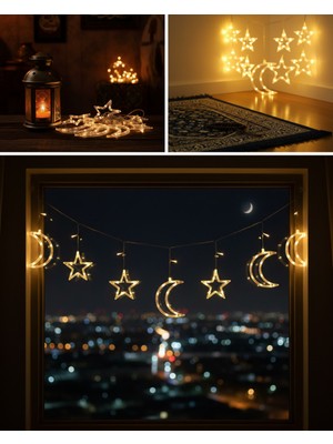 Dinç Store 44 Dekoratif Ay Yıldız Perde LED Işık Ortam Aydınlatma Dinç Store