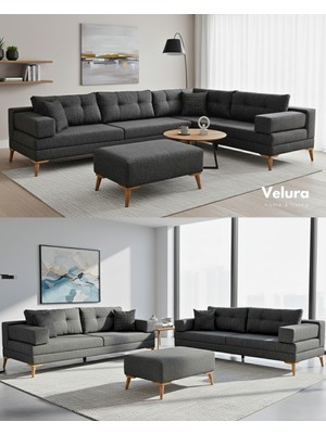 Velura Home & Living Zeri Modüler Yataklı Koltuk Takımı & 2 Adet Üçlü Kanepe & Puflu Köşe Takımı (3 3) - Keten Antrasit