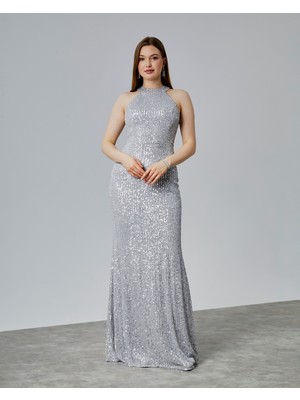 Asees Halter Yaka Payet Balık Abiye Elbise