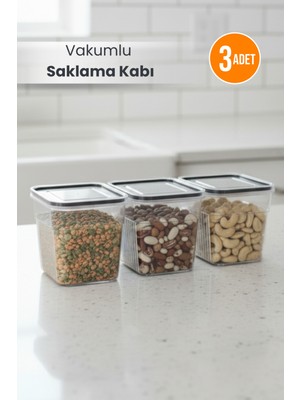 Orvila 3'lü Şeffaf Sızdırmaz Vakumlu Erzak Saklama Kabı Bakliyat Saklama Kutusu 1,6 L