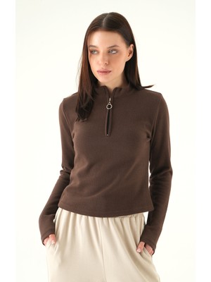 Rays 3069A Fermuarlı Uzun Kol Kazak Kahve