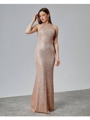 Asees Halter Yaka Payet Balık Abiye Elbise