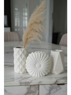 Safir Design El Yapımı Modern 3'lü Vazo Seti - Kurutulmuş Pampas Hediyeli Geometrik Dekoratif Obje