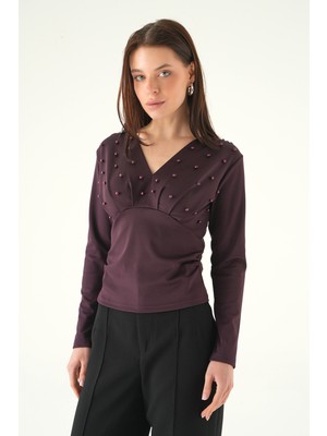 Rays Mürdüm V Yaka Ön İncili Bluz 8391A