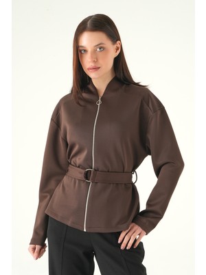 Rays 3075A Bel Bağlamalı Fermuarlı Hırka Kahve