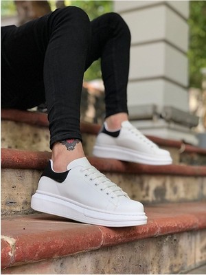 Bernami BA0547 Boa Kalın Yüksek Taban Beyaz Siyah Bağcıklı Spor Erkek Ayakkabı (Byr)