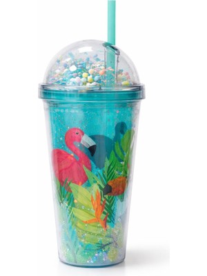 Nasyonel Toys Flamingo Desenli Pipetli Bardak – Kapaklı Soğuk Içecek Bardağı