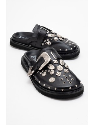 Luvi Roja Siyah Cilt Hakiki Deri Kemerli Tokalı Burnu Kapalı Kadın Terlik