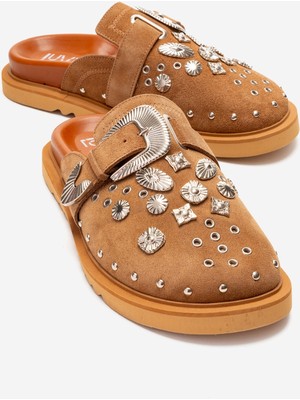 Luvi Maril Toprak Süet Hakiki Deri Kemerli Burnu Kapalı Kadın Terlik