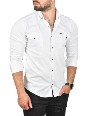 Rizzup Erkek Beyaz Slim Fit Pamuklu Çift Cepli Kot Gömlek Çıtçıtlı Uzun Kollu Spor Gömlek 2502503