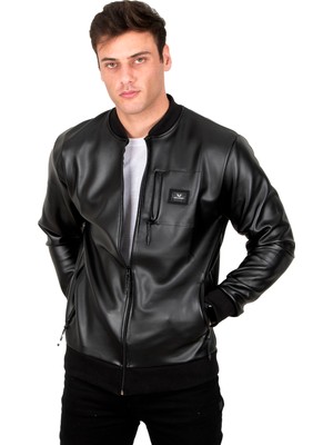Rizzup Erkek Siyah Dar Kesim Suni Deri Spor Ceket Mont – Kolej Yaka Astarsız Model 230206