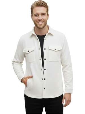 Rizzup Beyaz Dar Kesim Erkek Çıtçıtlı Spor Ceket – Fitilli Örme Kumaş, Modern Şehir Stili 2500558