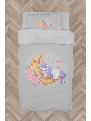 Mekta Home  Aya Sarılan Unicorn Desenli Gri Nevresim Takımı
