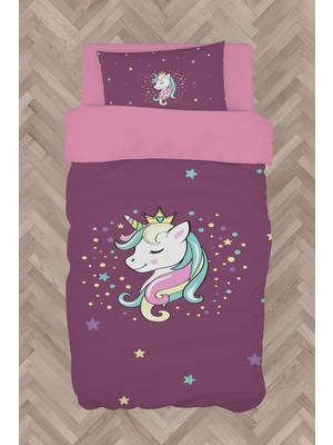 Mekta Home  Renkli Unicorn Desenli Mor Nevresim Takımı