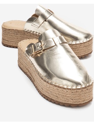 Luvi Novas Altın Hakiki Deri Burnu Kapalı Hasır Dolgu Taban Terlik