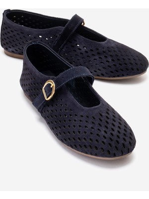 Luvi Arian Lacivert Süet Hakiki Deri Delikli Kadın Babet Ayakkabı