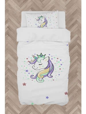 Mekta Home  Renkli Unicorn Desenli Beyaz Nevresim Takımı