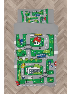 Mekta Home  Şehir ve Yol Desenli Yeşil Nevresim Takımı