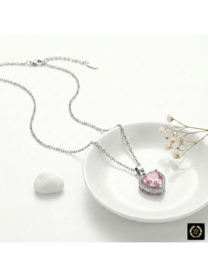 Stainless Steel 316L Çelik Gümüş Renk Pembe Zirkon Taşlı Kalp Kolye