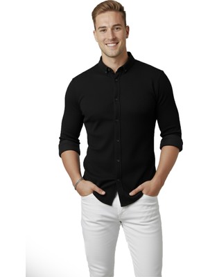 Rizzup Erkek Siyah Slim Fit Fitilli Gömlek – Likralı Esnek Kumaş Şık Model 2500805
