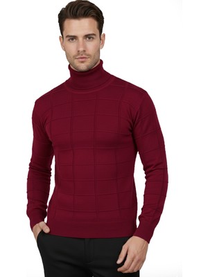 Rizzup Erkek Bordo Kare Desenli Balıkçı Yaka Slim Fit Boğazlı Triko Kazak 2505493