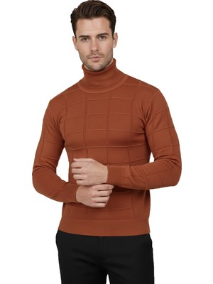 Rizzup Erkek Kiremit Kare Desenli Balıkçı Yaka Slim Fit Boğazlı Triko Kazak 2505493