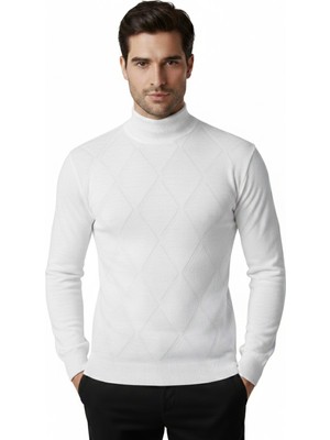 Rizzup Beyaz Baklava Desenli Slim Fit Yarım Boğazlı Likralı Erkek Triko Kazak 2505508
