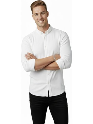 Rizzup Erkek Beyaz Slim Fit Fitilli Gömlek – Likralı Esnek Kumaş Şık Model 2500805
