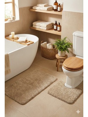 Eurobano Shaggy Kaymaz Taban Yıkanabilir Klozet Uyumlu 60X100 60X50 2'li Set Bohem Banyo Paspası