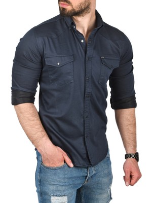 Rizzup Erkek Lacivert Slim Fit Pamuklu Çift Cepli Kot Gömlek Çıtçıtlı Uzun Kollu Spor Gömlek 2502503