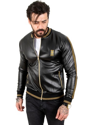 Rizzup Erkek Siyah Modern Tasarım Arkası Baskılı Likralı Suni Deri Ceket Mont 2210350