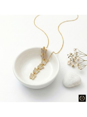 Stainless Steel 316L Çelik Gold Renk Beyaz Zirkon Taşlı Sıralı Kelebek Kolye