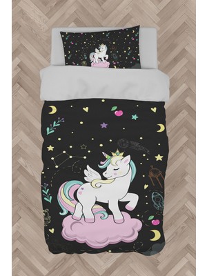 Mekta Home  Pembe Bulut Üzerinde Unicorn Desenli Siyah Nevresim Takımı