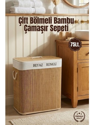 Nandy Home 75LT. Ikili Bambu Çamaşır Sepeti - Çift Bölmeli Kirli Sepeti
