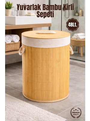 Nandy Home 48LT. Yuvarlak Bambu Çamaşır Sepeti - Doğal Görünüm Kirli Sepeti