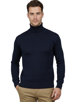 Rizzup Erkek Lacivert Kare Desenli Balıkçı Yaka Slim Fit Boğazlı Triko Kazak 2505493