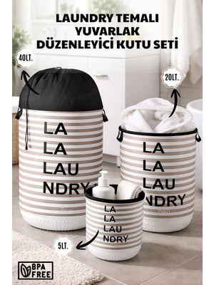 Nandy Home 3'lü Set Laundry Temalı Yuvarlak Düzenleyici Sepet Seti - 5/20/40LT. - Büzgülü Kapaklı Sepet