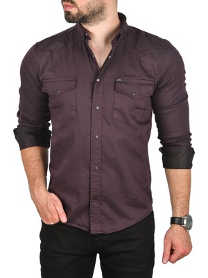 Rizzup Erkek Mürdüm Slim Fit Pamuklu Çift Cepli Kot Gömlek Çıtçıtlı Uzun Kollu Spor Gömlek 2502503