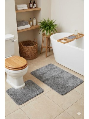 Eurobano Shaggy Kaymaz Taban Yıkanabilir Klozet Uyumlu 60X100 60X50 2'li Set Bohem Banyo Paspası