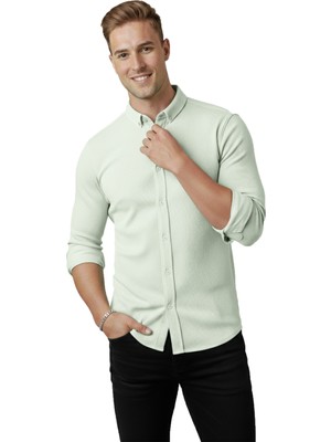 Rizzup Erkek Mint Yeşili Slim Fit Fitilli Gömlek – Likralı Esnek Kumaş Şık Model 2500805