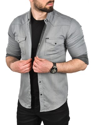 Rizzup Erkek Gri Slim Fit Pamuklu Çift Cepli Kot Gömlek Çıtçıtlı Uzun Kollu Spor Gömlek 2502503