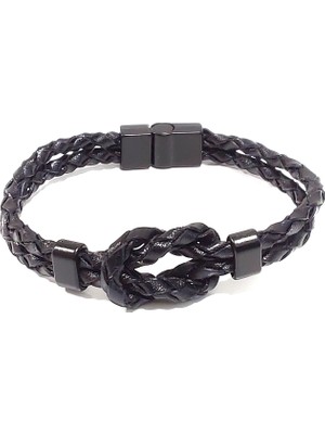 Herşey Nota Obsidian Bond – Siyah Örgü Hakiki Deri Erkek BILEKLIK-1376