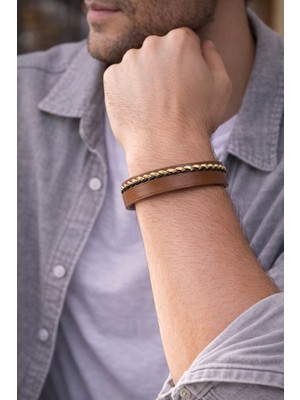 Herşey Nota Imperial Knot – Gold Örgü Detaylı Hakiki Deri Erkek BILEKLIK-1373