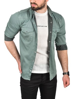 Rizzup Erkek Yeşil Slim Fit Pamuklu Çift Cepli Kot Gömlek Çıtçıtlı Uzun Kollu Spor Gömlek 2502503