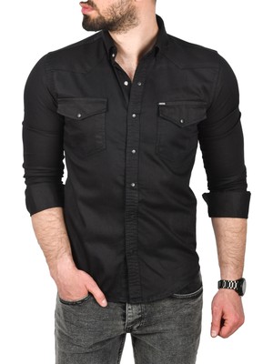 Rizzup Erkek Siyah Slim Fit Pamuklu Çift Cepli Kot Gömlek Çıtçıtlı Uzun Kollu Spor Gömlek 2502503