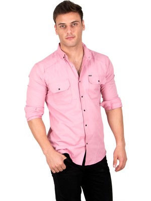 Rizzup Erkek Pembe Slim Fit Dar Kesim Pamuklu Spor Gömlek Çıtçıtlı Likralı Gabardin Gömlek 2300421