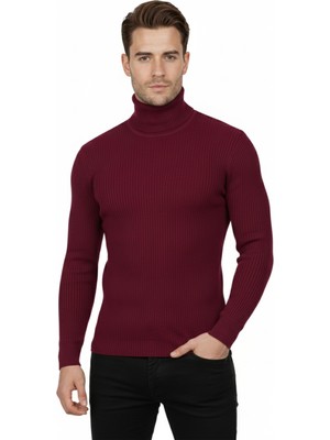 Rizzup Erkek Bordo Ince Fitilli Tam Boğazlı Balıkçı Yaka Tüylenmeyen Triko Kazak 2505498