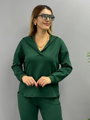 Moderie Butik Kadın Uzun Kol V Yaka Kapüşon Detay Sweat ve Yüksel Bel Eşofman Ikili Takım