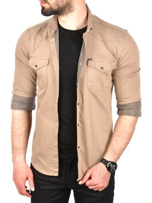 Rizzup Erkek Bej Slim Fit Pamuklu Çift Cepli Kot Gömlek Çıtçıtlı Uzun Kollu Spor Gömlek 2502503
