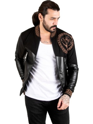 Rizzup Siyah Taş Işlemeli Erkek Suni Deri Mont / Ceket – Kolej Yaka • Ribanalı • Şık & Sportif Ceket 2300403